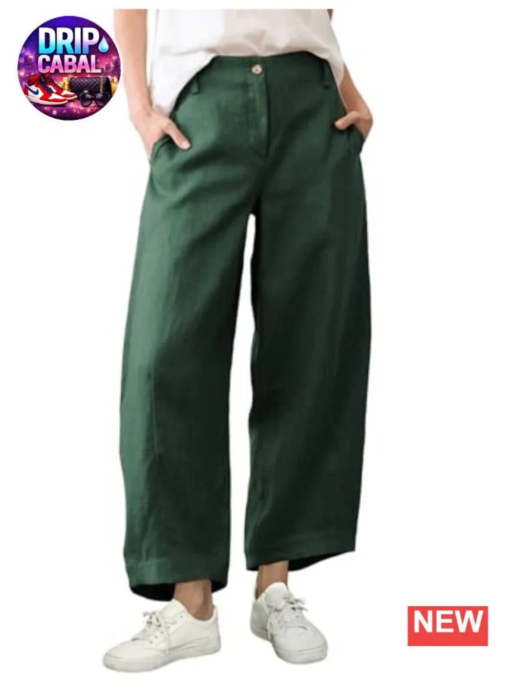 Womens Linen Cotton Wide Leg Capri Pants High Rise Elastic Waist Pockets